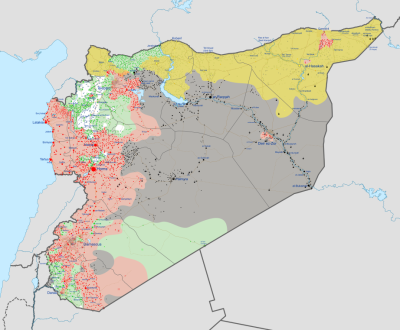 Syria in December 2016. Yellow is Rojava, Red the Syrian Government, Green the Syrian Opposition, Grey: ISIS, White the Al-Nusra Front. Map by Ermanarich from Wikipedia 